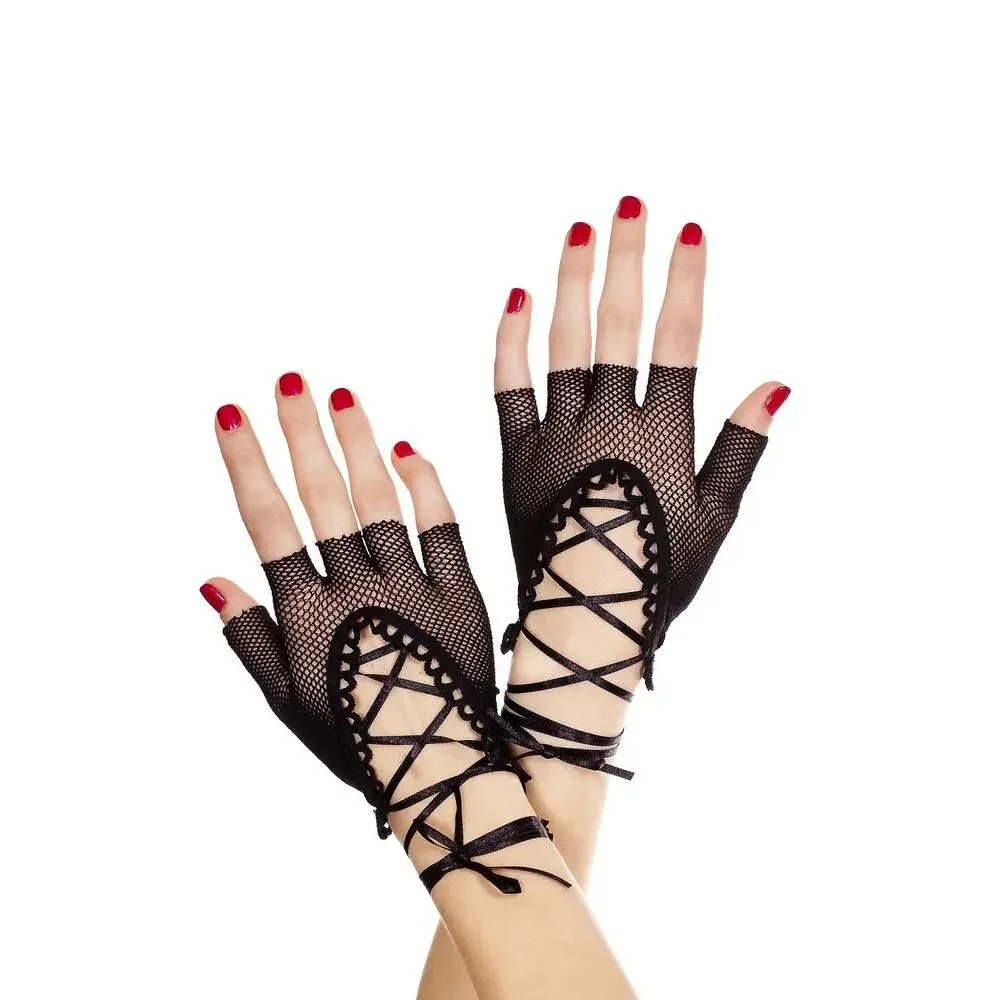NEW Black Fishnet Glovettes lace Up Corset Fingerless Gloves Goth Cosplay OSFM